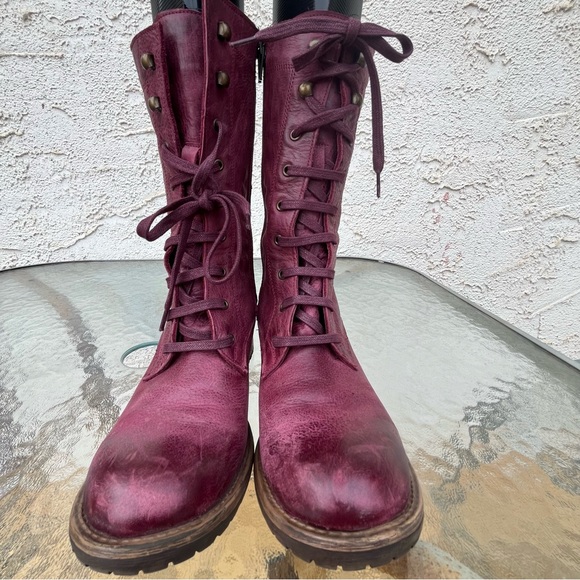 Bueno Casey Burgundy Leather Moto Combat Tall Lace Up Side Zip Boots - Picture 4 of 16